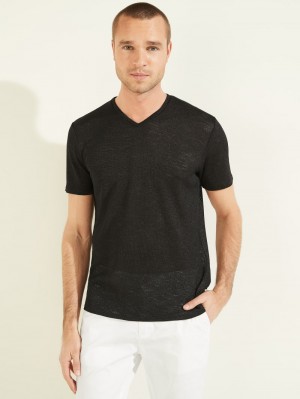 Playeras Guess Gauze V-Neck Tee Hombre Negros | Mexico-39142