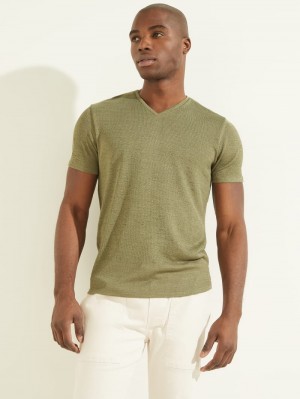 Playeras Guess Gauze V-Neck Tee Hombre Verde Oliva | Mexico-07489