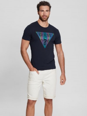 Playeras Guess Iridescent Logo Estampados Tee Hombre Azul Marino | Mexico-53720