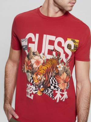 Playeras Guess Jungle Tiger Estampados Tee Hombre Rojos Multicolor | Mexico-90415