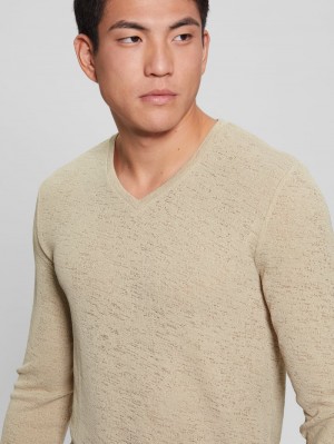 Playeras Guess Long-Sleeve Gauze Tee Hombre Beige | Mexico-25630
