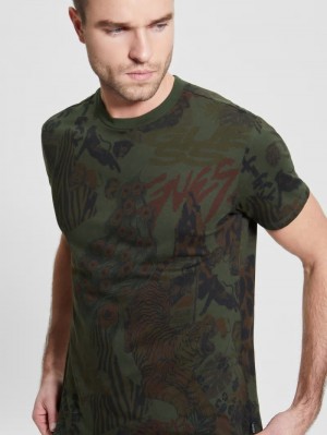 Playeras Guess New Retro Tiger Tee Hombre Verdes Multicolor | Mexico-92150