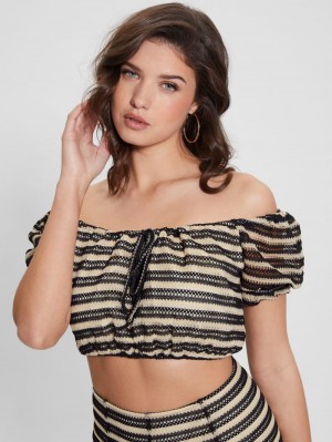 Tops Guess Maya Mesh Puffed Sleeve Mujer Blancos Negros | Mexico-42170